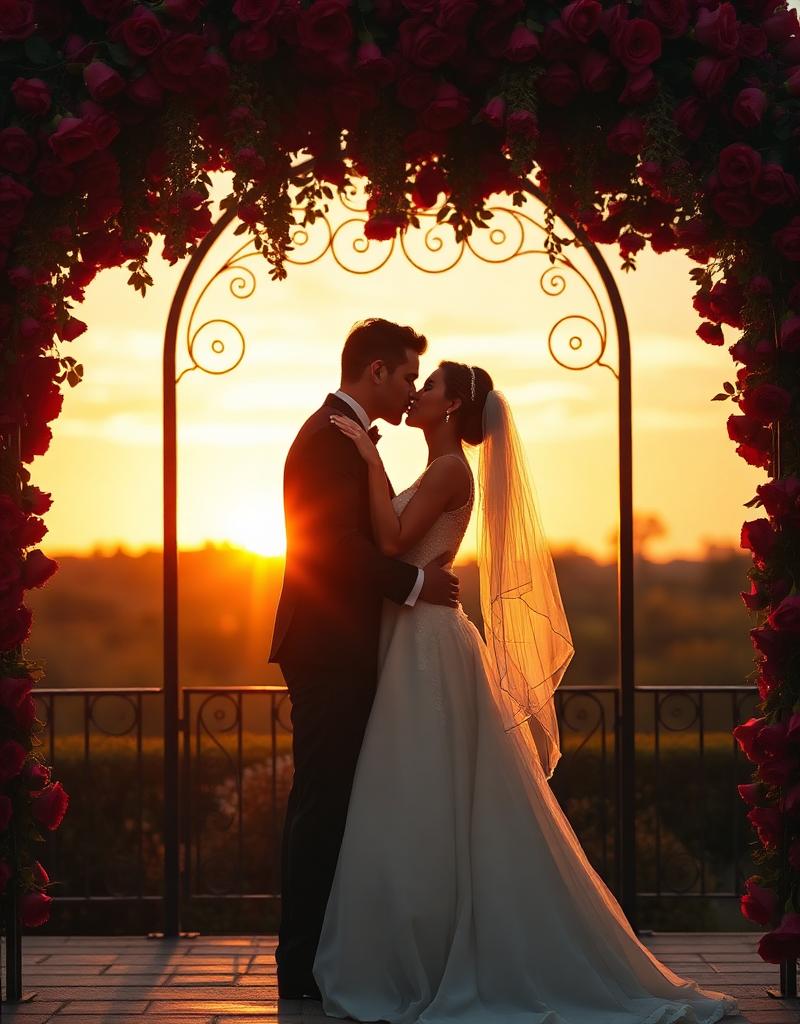 The couple beneath a rose arch at sunset