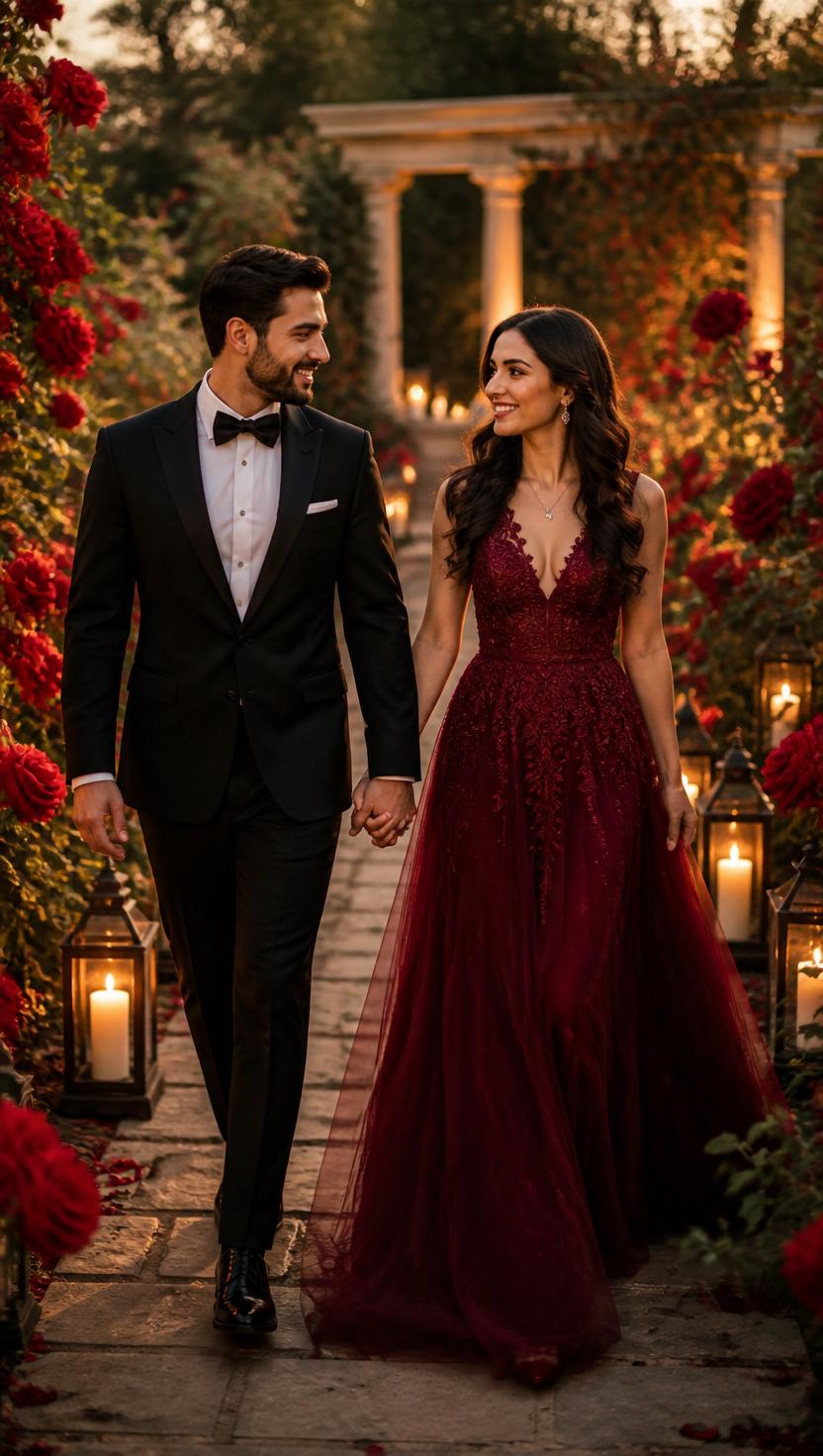 Couple walking hand in hand through a garden of red roses